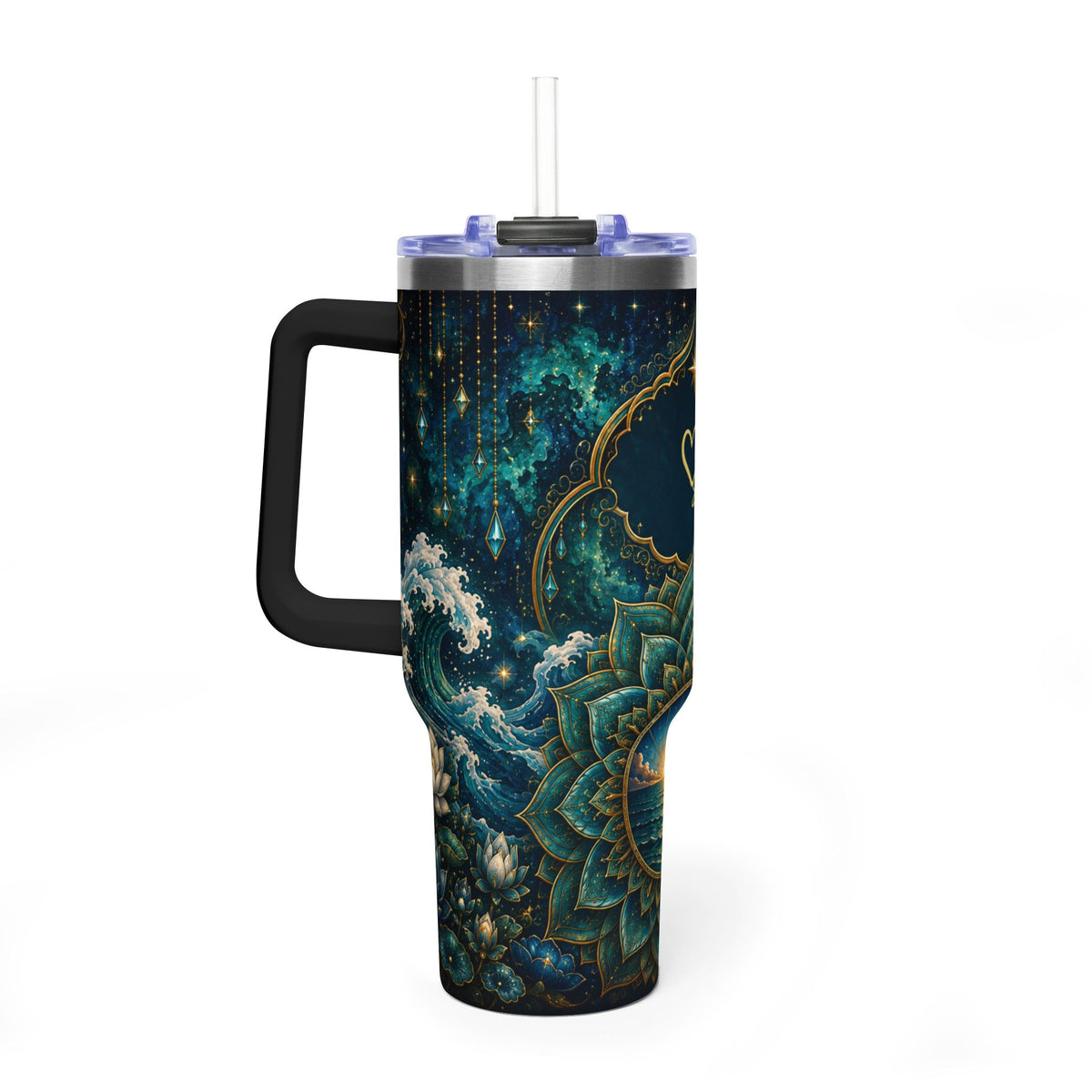 40oz Mandala Sunset Vacuum Tumbler — Insulated Travel Cup with Mandala Ocean Design