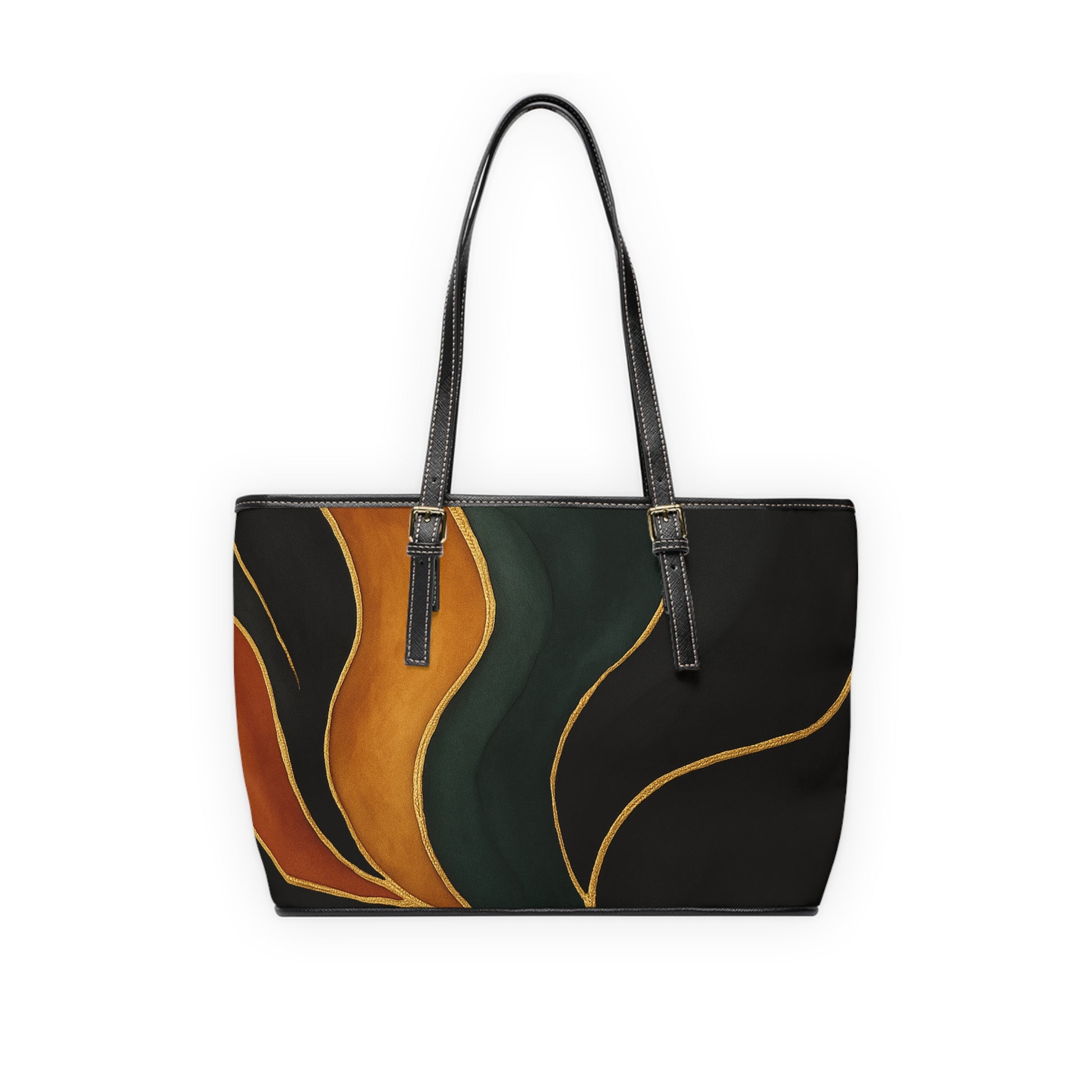 Vivian Artisan Luxe PU leather shoulder bag 16x10 back view – earthy green burnt orange double-sided print structured tote by the Soulful Brush
