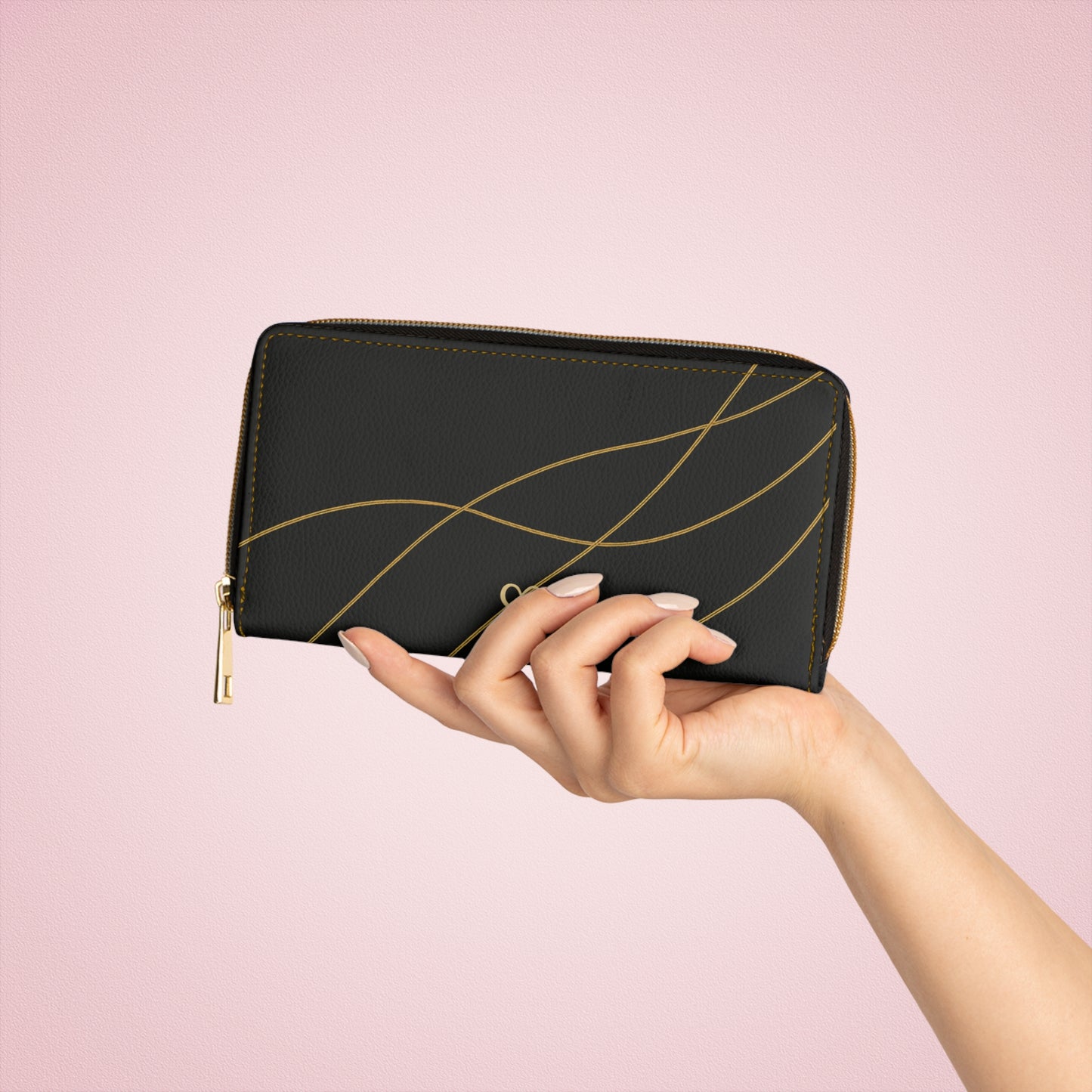 Lola black zip wallet lifestyle view – elegant gold line accent PU leather cardholder by the Soulful Brush
