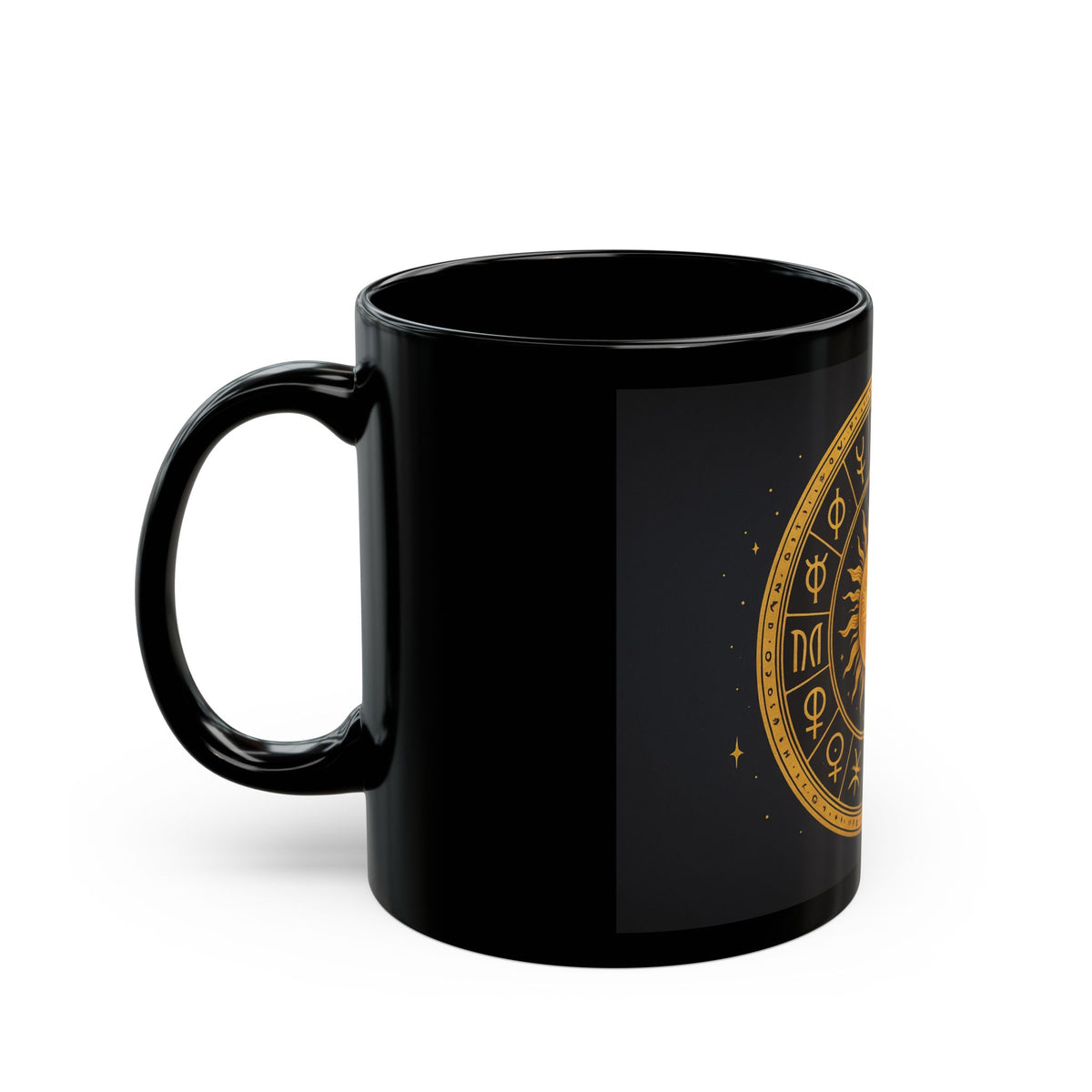 Taza Solar Disk-Black — Taza de café con símbolos astrológicos dorados (325 ml/444 ml)