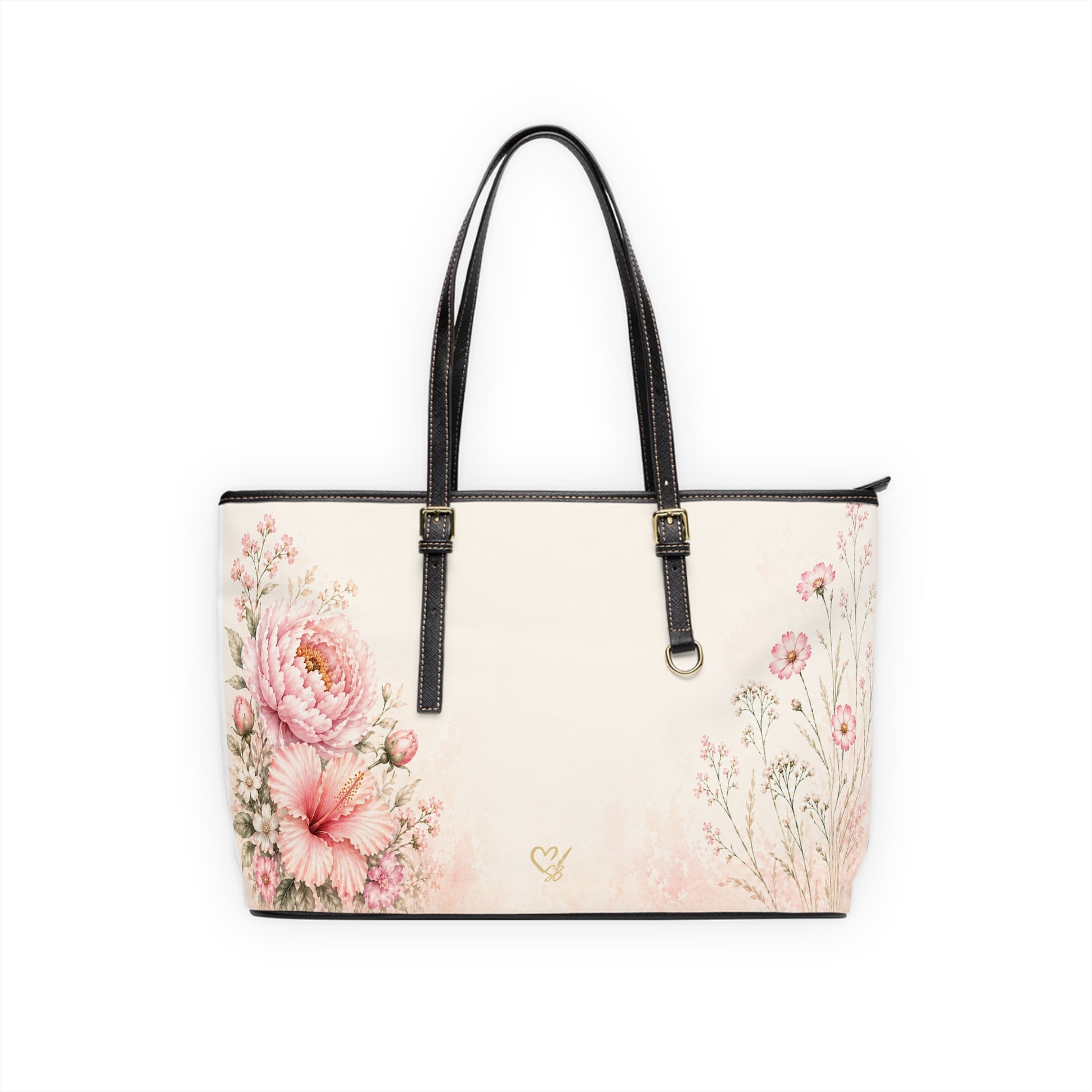 Quiet Bloom PU leather shoulder bag – front view, vintage pink peony floral tote by the Soulful Brush
