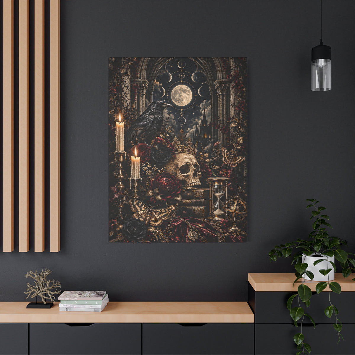 Gothic Moon Skull Canvas Art — Dark Victorian Still Life Wall Decor