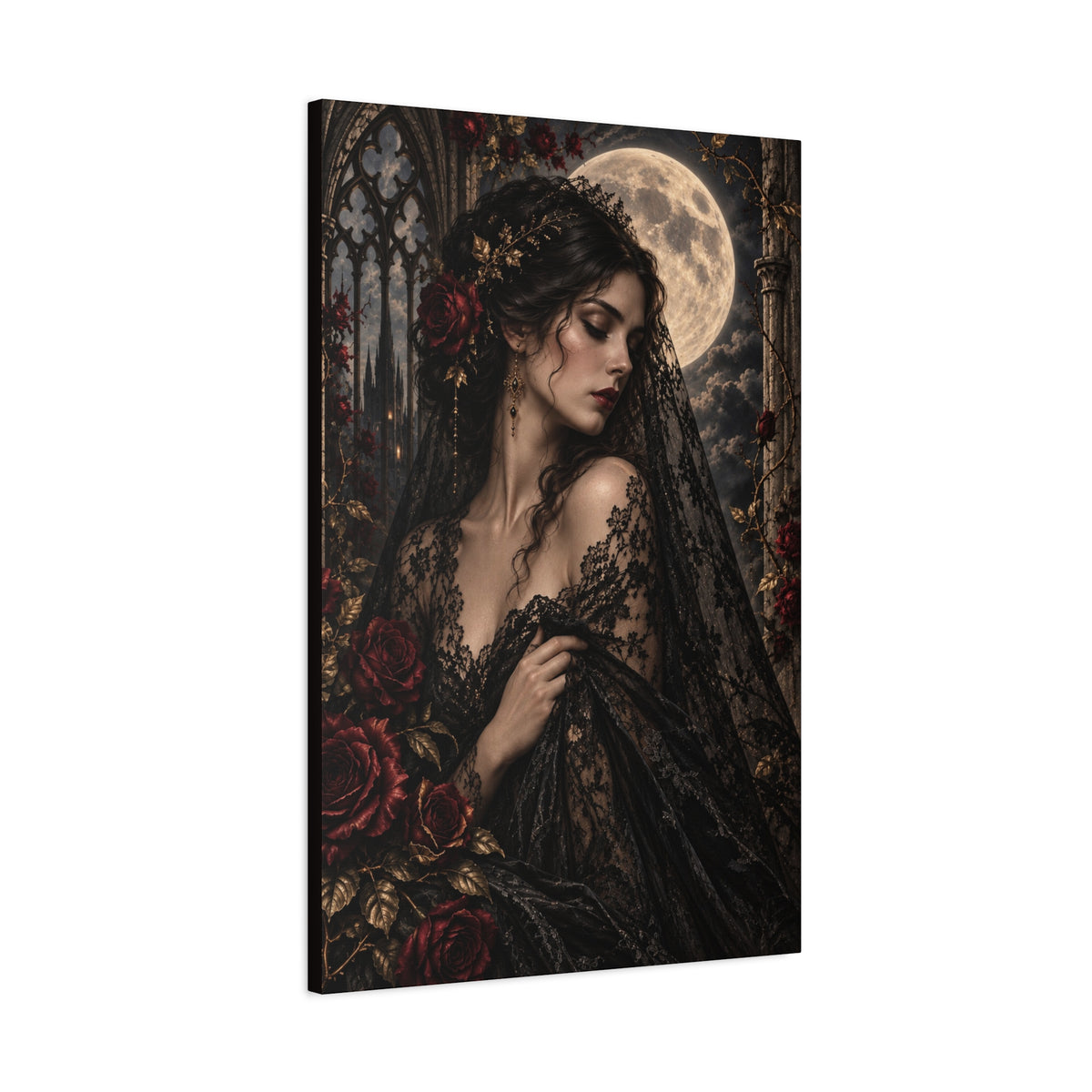 Gothic Moonlit Maiden Canvas Art - Nocturne In Lace-Romantic Dark Victorian Wall Decor
