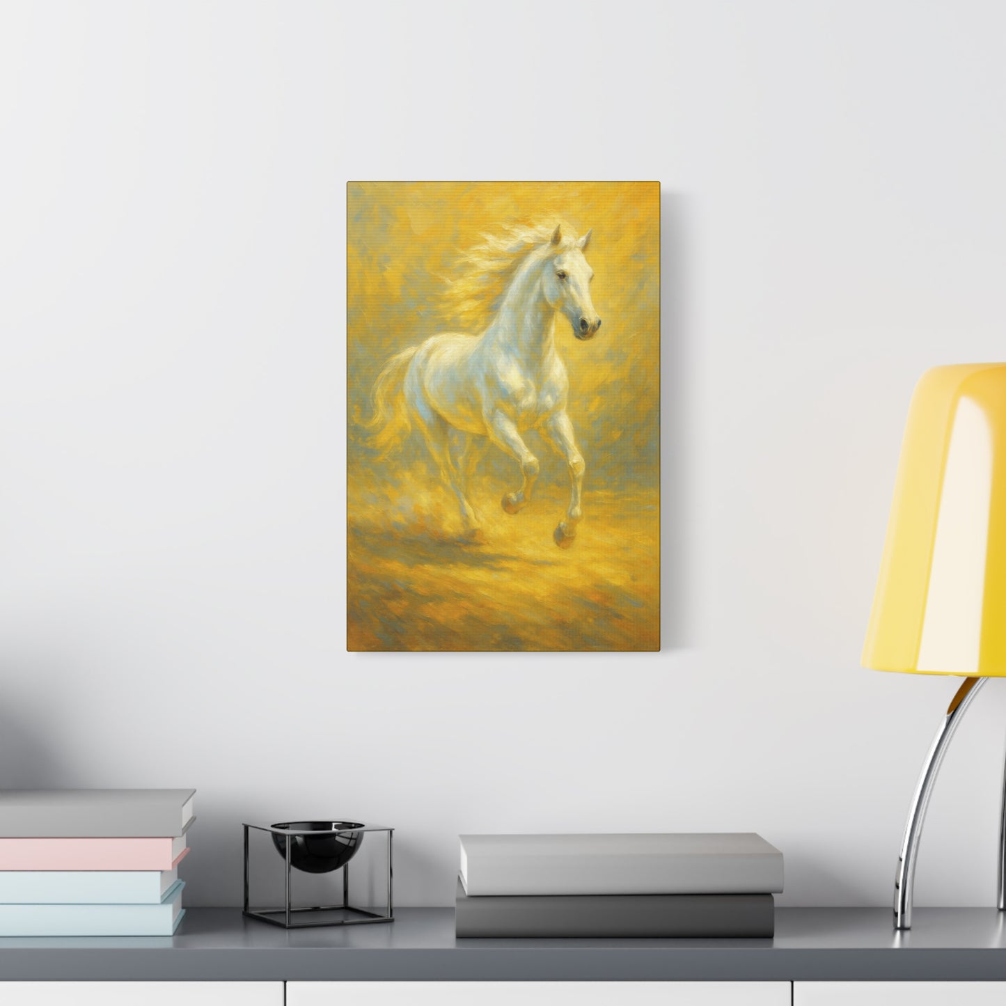 Running White Horse Matte Canvas Wall Art — Golden Equestrian Print