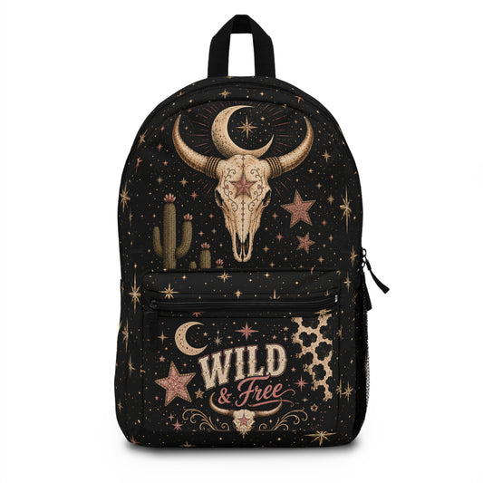 Wild & Free Cow Skull Backpack — Boho Western Starry Daypack