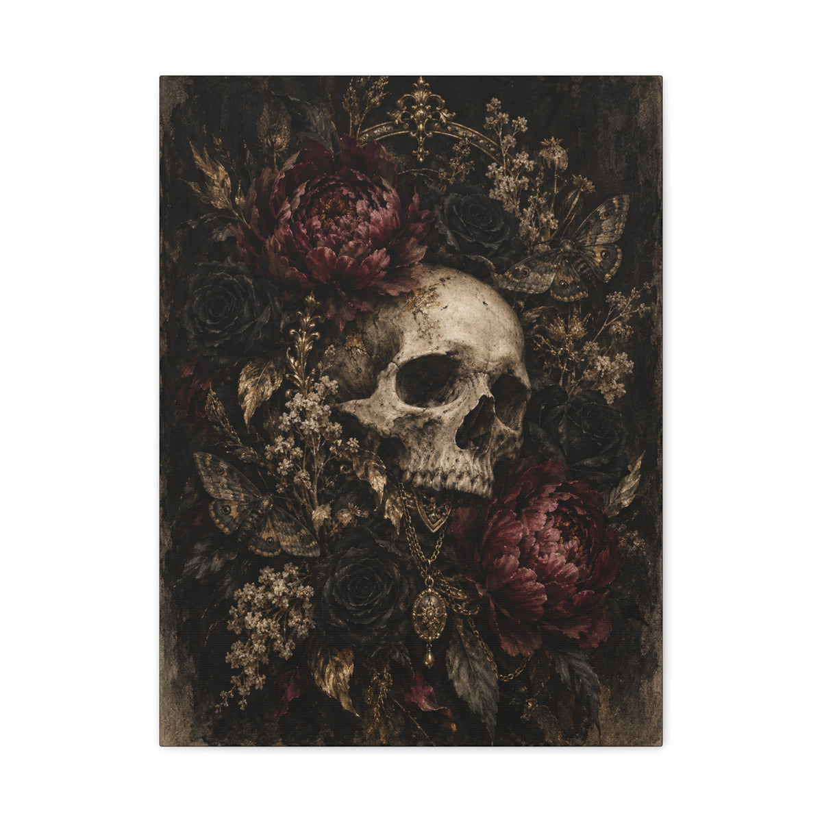 Gothic Skull & Peonies Canvas Wall Art —Velvet Mourning- Dark Floral Home Decor