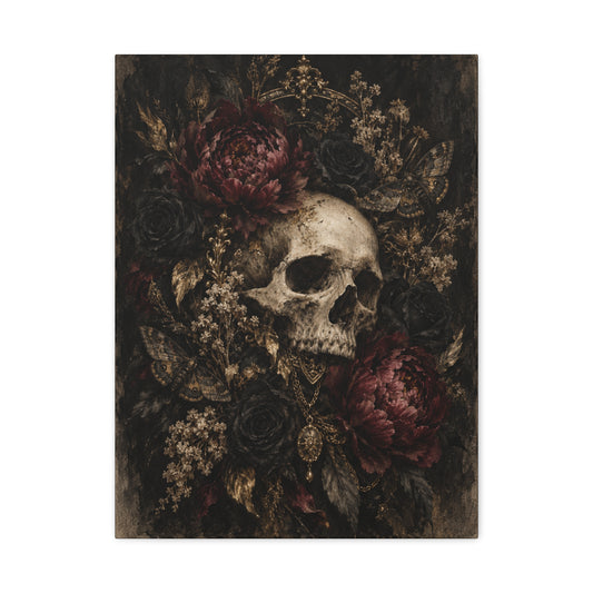 Gothic Skull & Peonies Canvas Wall Art —Velvet Mourning- Dark Floral Home Decor