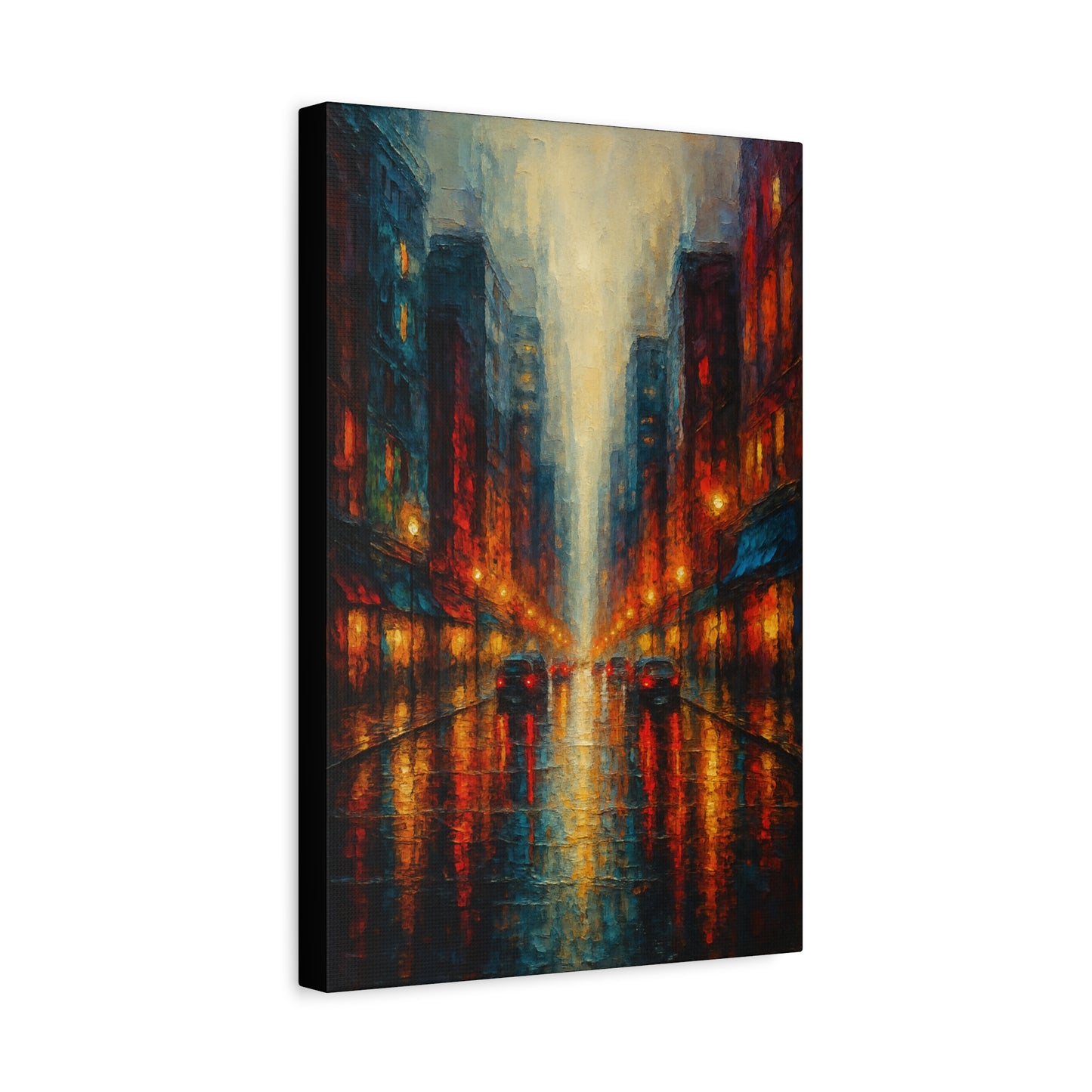 Lienzo mate "Paisaje urbano lluvioso" - Arte de pared urbano nocturno estirado