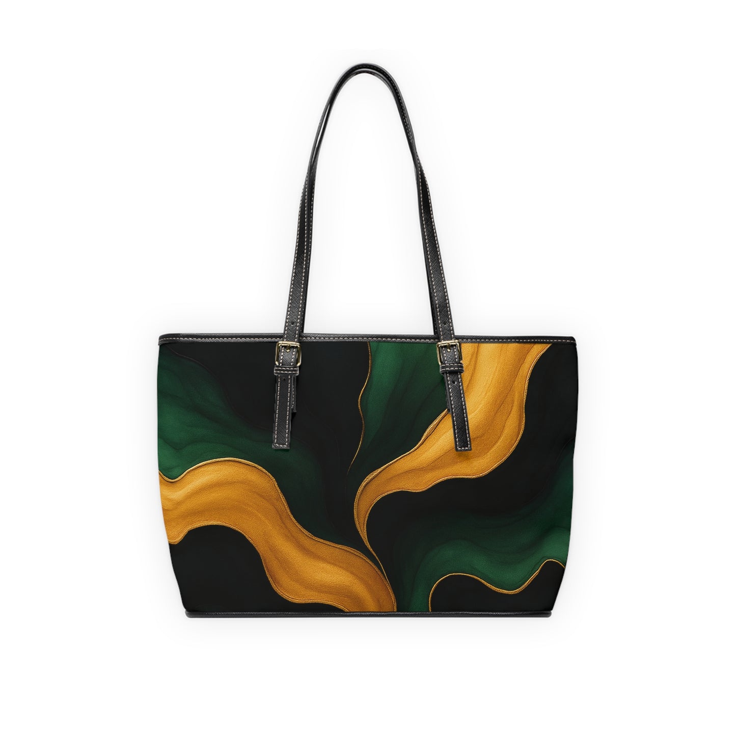 Miranda Artisan Luxe PU leather shoulder bag 16x10 back view – deep emerald gold double-sided print structured tote by the Soulful Brush
