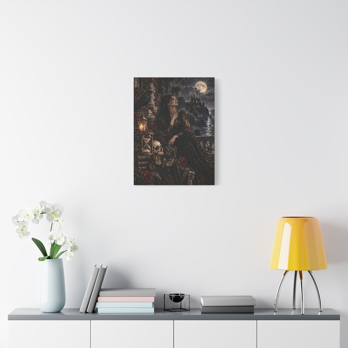 Gothic Moonlight Lady Matte Canvas Wall Art —Garden of Sorrow- Gothic Castle, Skull & Rose Décor