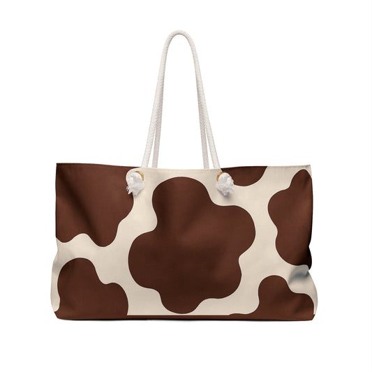 Brown Cow Print Weekender Bag — Brown & Cream Floral Cowhide Tote for Travel
