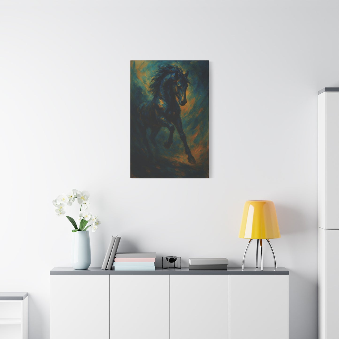 Lienzo Mate de Caballo Negro Galopando — Dramática Pintura Ecuestre
