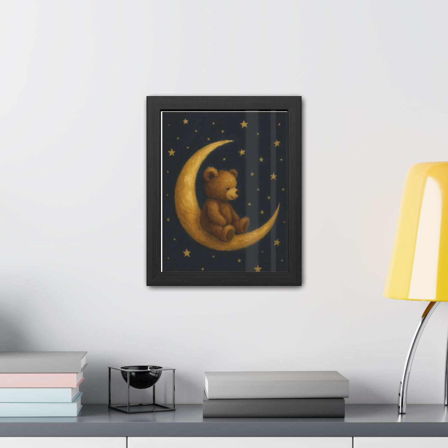 To the Moon and Back – Teddy on Crescent Moon Nursery Framed Poster | Celestial Dreams Wall Art