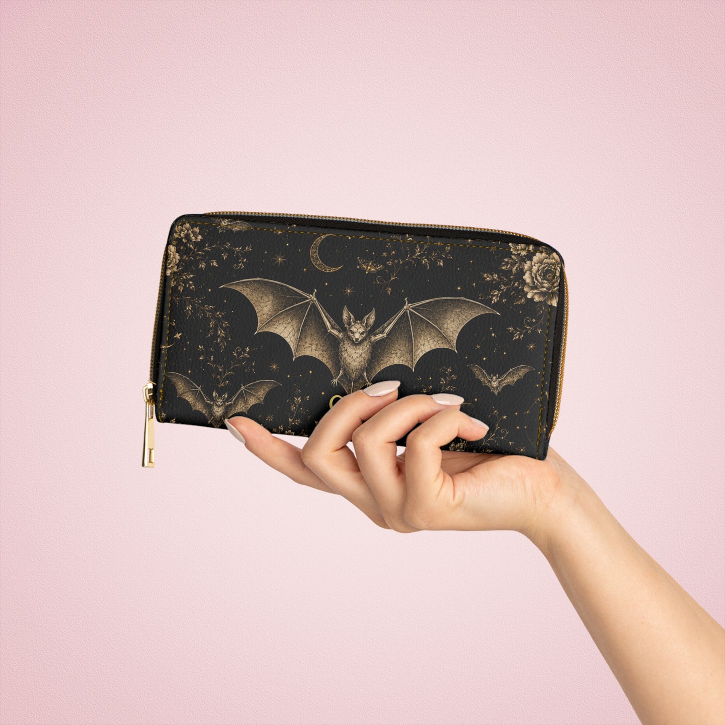 Cartera con cremallera Eclipse Noir — Cartera de mano con patrón gótico floral de murciélago para Halloween