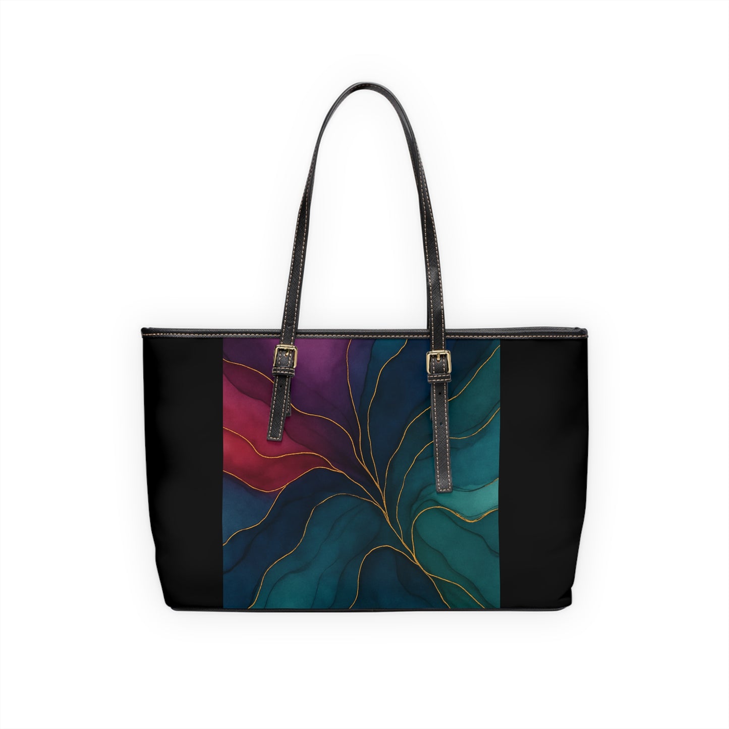 Tyler-2025 Colección Artisan Luxe - Bolso de hombro de PU con panel — Bolso tote color verde azulado y burdeos con detalle veteado dorado