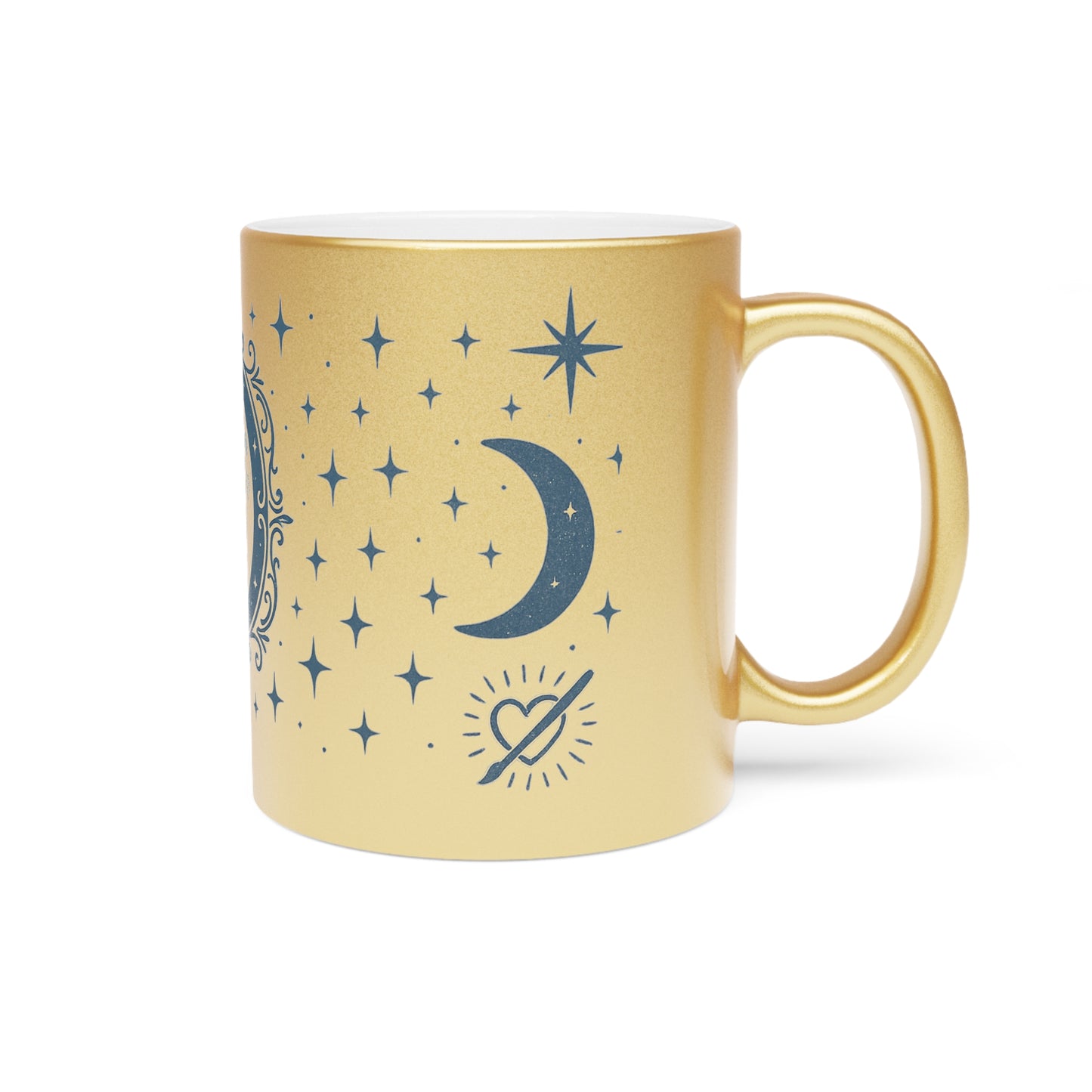 Taza Metálica Fase Lunar — Taza de Café Celestial Plateada/Dorada con Estrellas y Luna Creciente