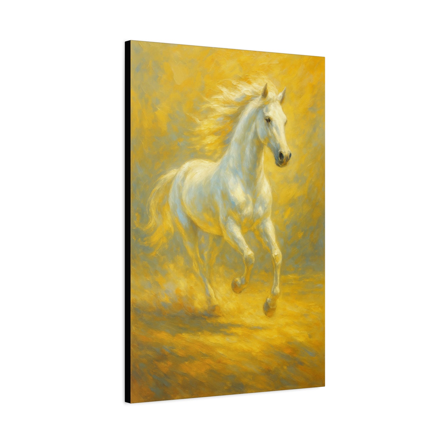 Running White Horse Matte Canvas Wall Art — Golden Equestrian Print