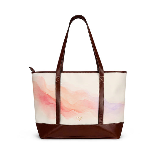 Soft Horizon watercolor sunrise handbag – front view, pink peach tote with faux leather trim by the Soulful Brush
