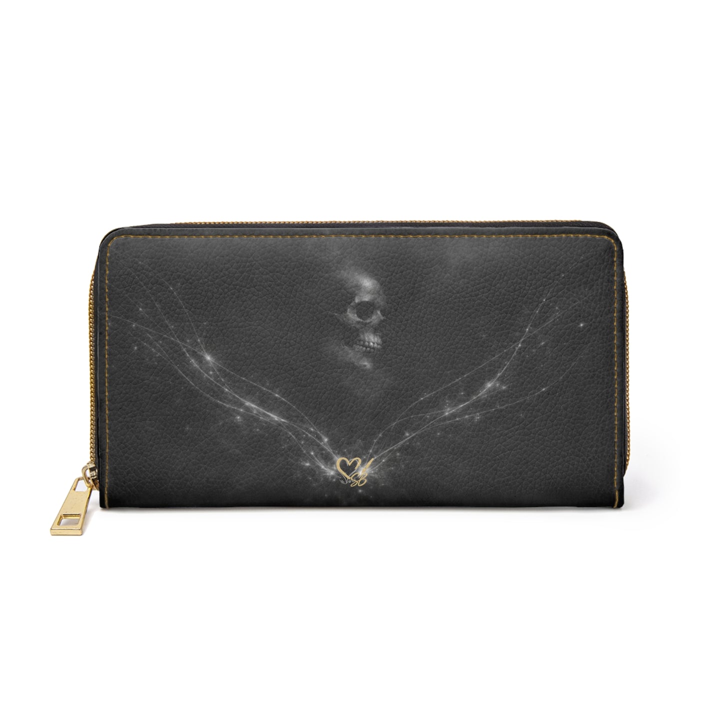 Cartera con Cremallera Veiled Remains — Cartera Gótica de Cuero Negro con Diseño de Calavera Fantasmagórica