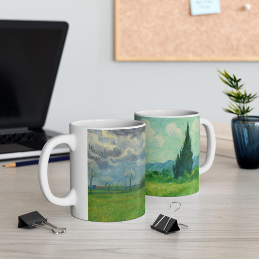 Van Gogh Landscape-Echoes of the Masters- Ceramic Mug — Serene Meadow & Sky Coffee Cup (11oz, 15oz)