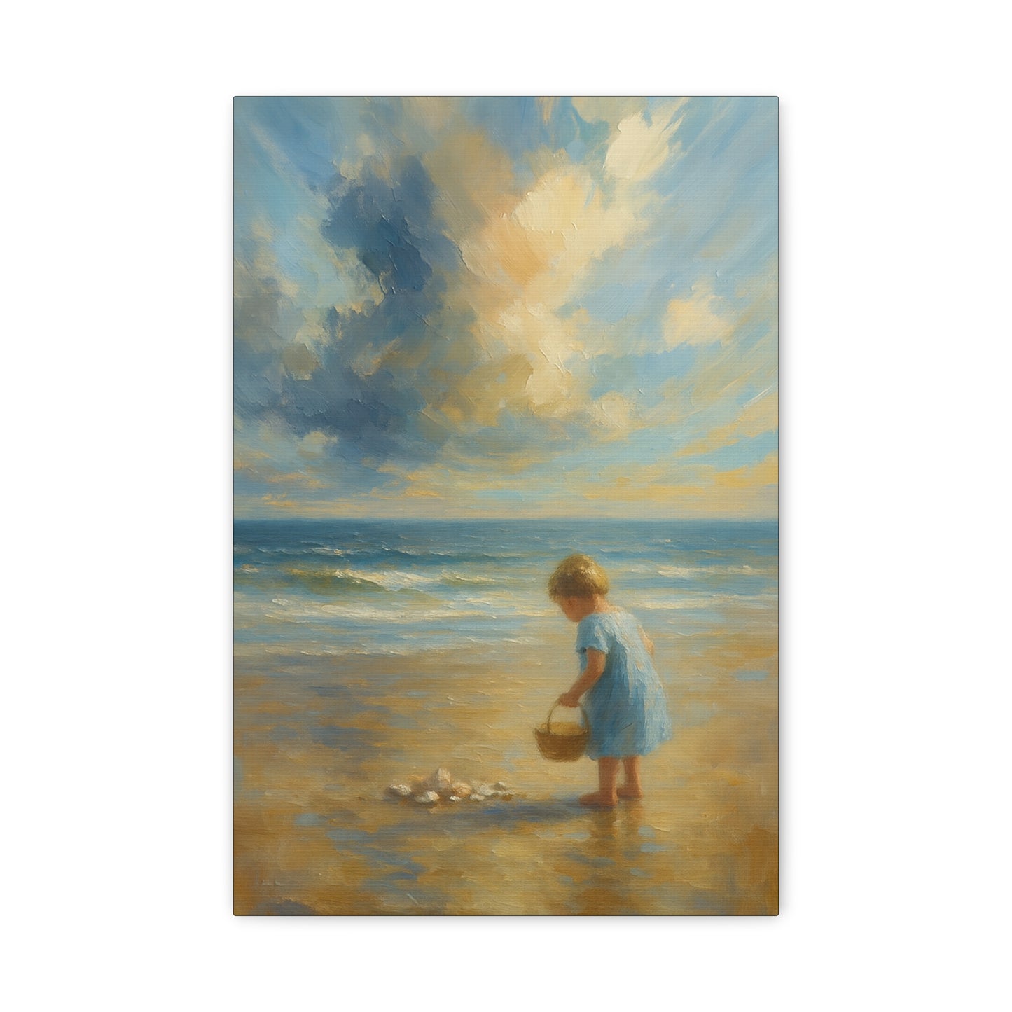 Arte en Lienzo Infancia Marina — Niña Recogiendo Conchas Pintura de Playa