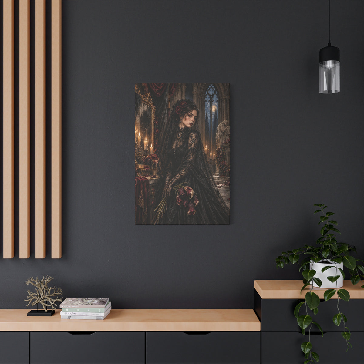 Gothic Mourning Lady Matte Canvas Print — Rose for the Departed-Victorian Dark Romantic Wall Art