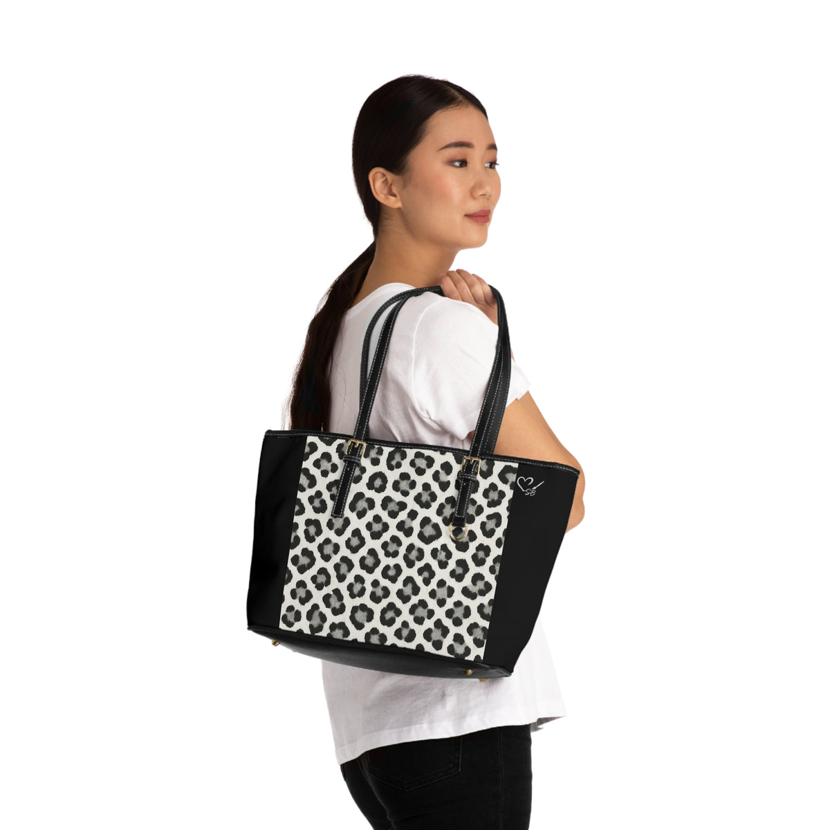 Bolso de hombro de piel sintética negra y leopardo de las nieves