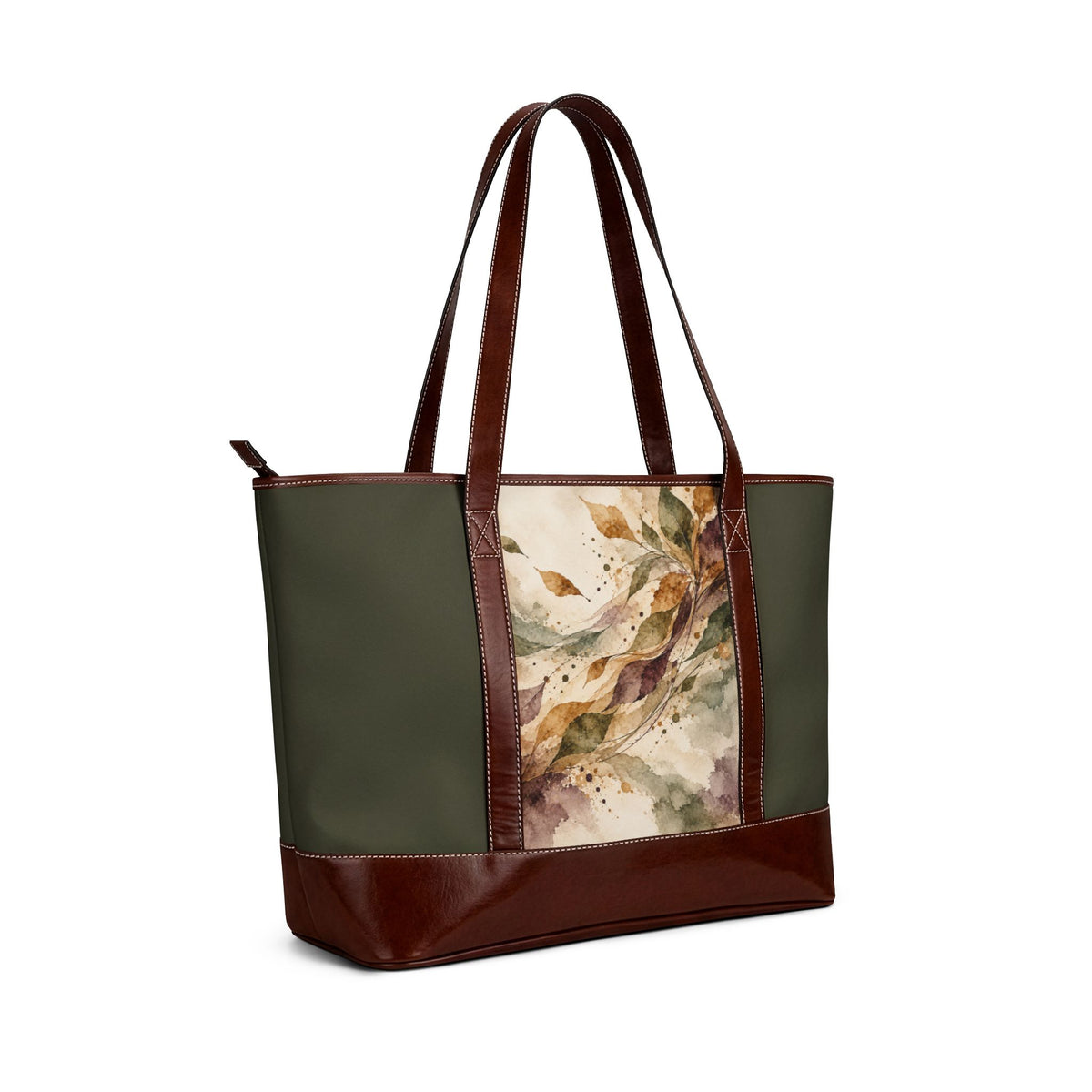 Floral Olive Tote Handbag – Watercolor Leaf Print Leather-Trim Shoulder Bag