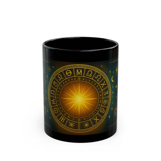 Taza Negra de Astrología Ascensión Solar — Taza de Café Celestial Rueda del Zodíaco (325 ml/444 ml)