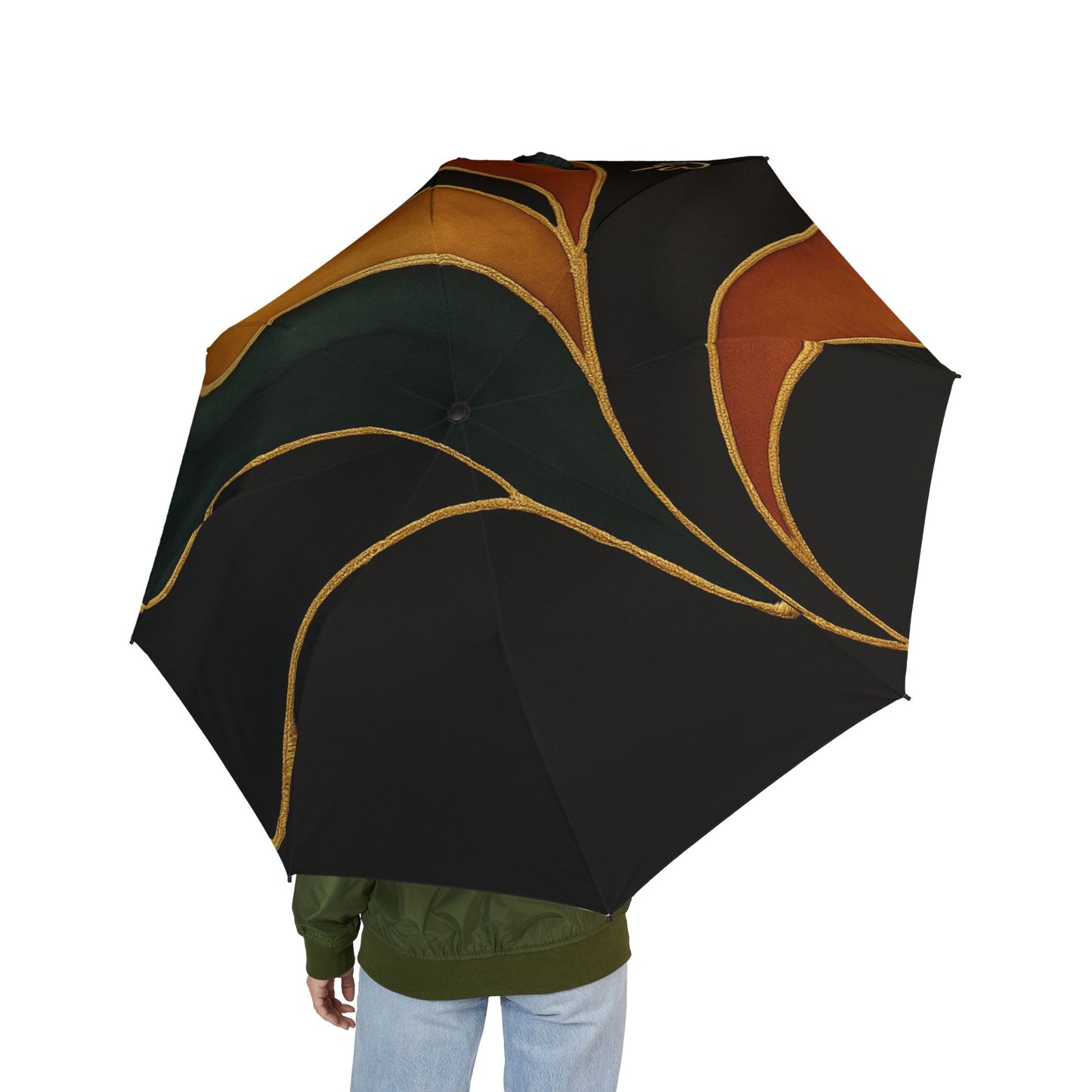 Vivian Artisan Luxe foldable umbrella lifestyle top view – abstract autumn waves print open canopy overhead shot by the Soulful Brush
