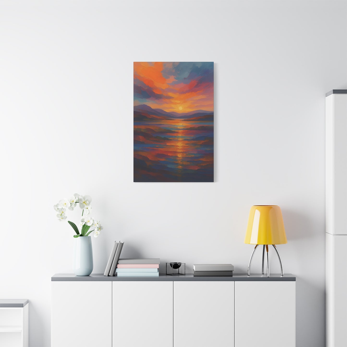 Lienzo Mate Estampado Puesta de Sol Reflejo — Vibrante Arte de Pared de Paisaje Oceánico