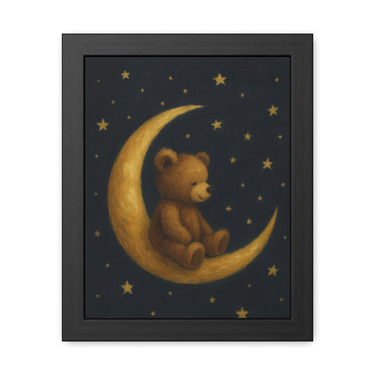 To the Moon and Back – Teddy on Crescent Moon Nursery Framed Poster | Celestial Dreams Wall Art