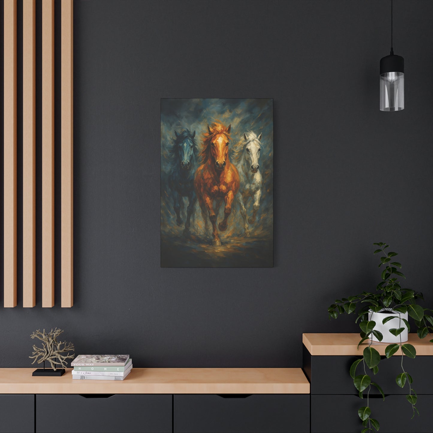 Arte de pared en lienzo mate "Caballos corriendo" — Pintura de trío dramático, estirado 1.25"