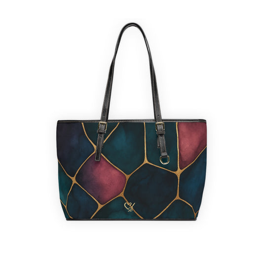 Abstract Stained Glass PU Leather Shoulder Bag — Teal & Wine Mosaic Tote