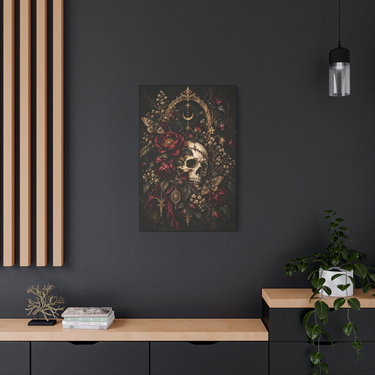 Skull & Roses Gothic Canvas Wall Art —Eclipsed Moon- Matte Stretched 1.25"
