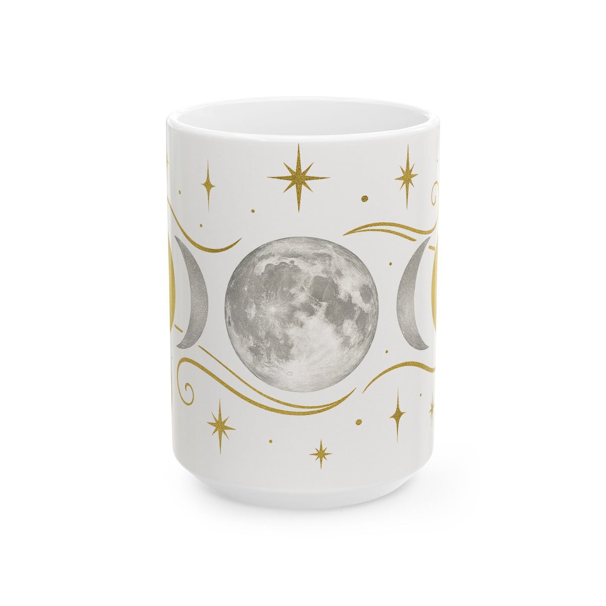 Moon Phase Ceramic Mug — Gold & Silver Celestial Coffee Cup (11oz/15oz)