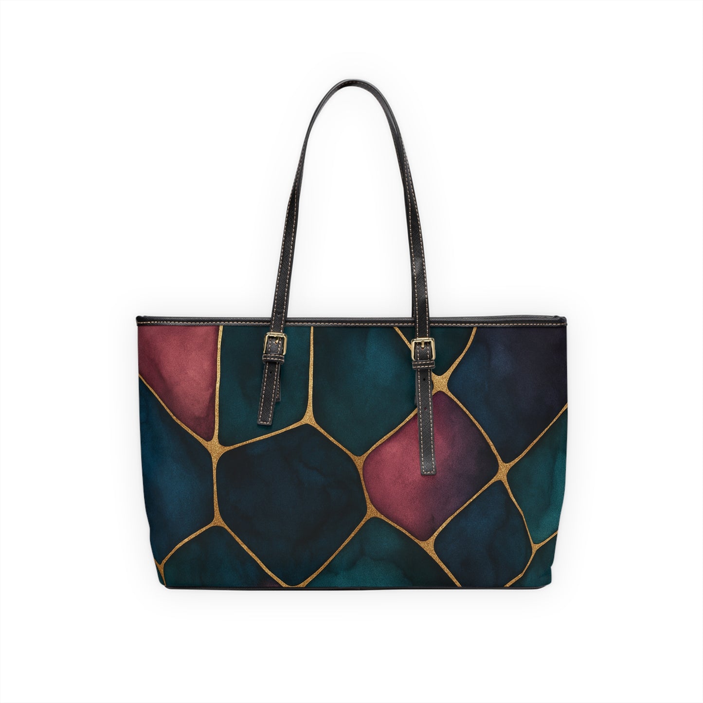 Abstract Stained Glass PU Leather Shoulder Bag — Teal & Wine Mosaic Tote