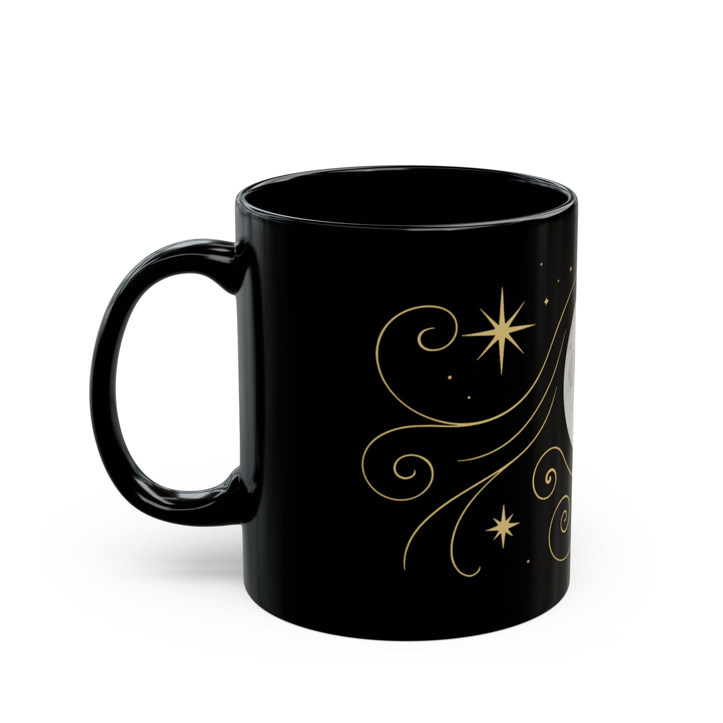 Astrology Sun & Stars Black Mug — Gold Celestial Coffee Cup (11oz/15oz)