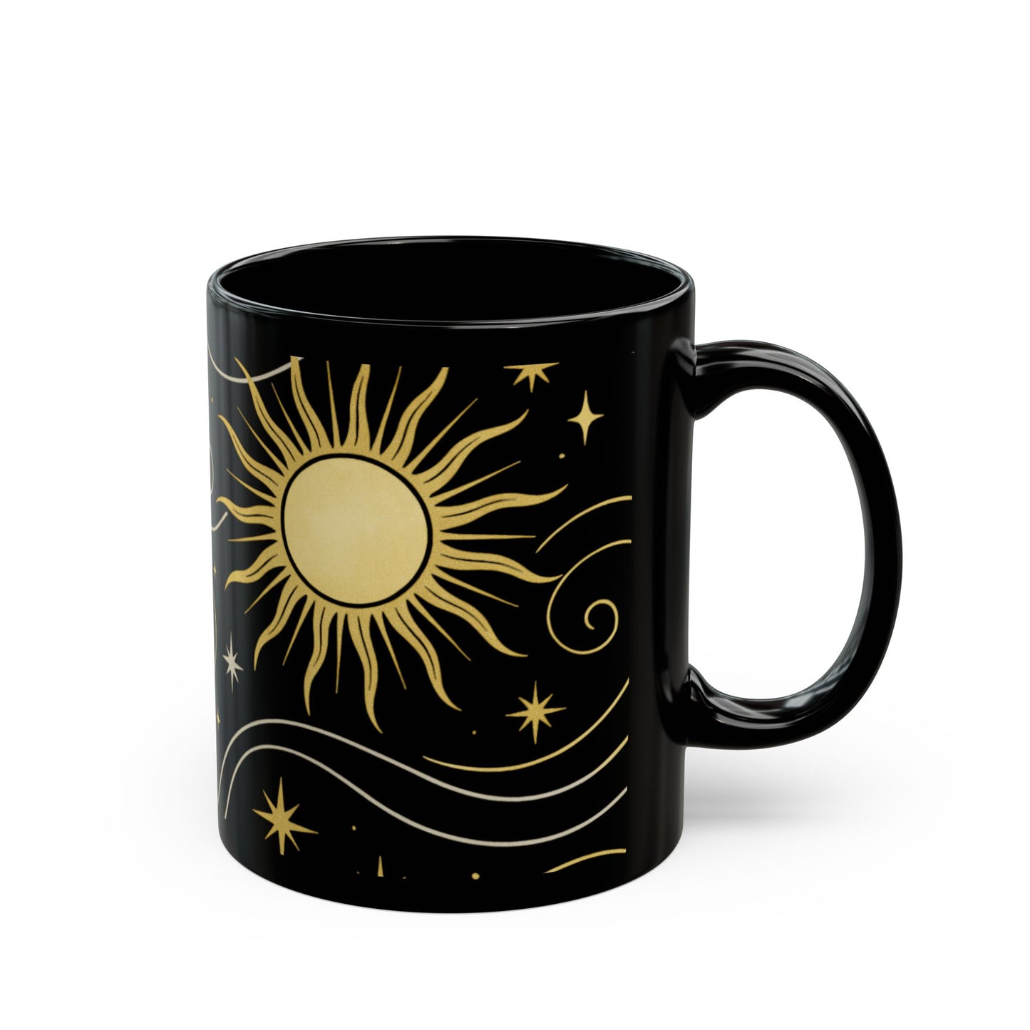 Astrology Sun & Stars Black Mug — Gold Celestial Coffee Cup (11oz/15oz)