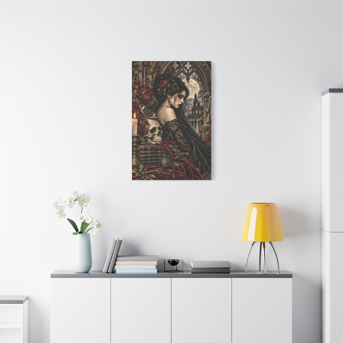 Gothic Romance Canvas Print – Victorian Woman with Skull & Moonlit Cathedral