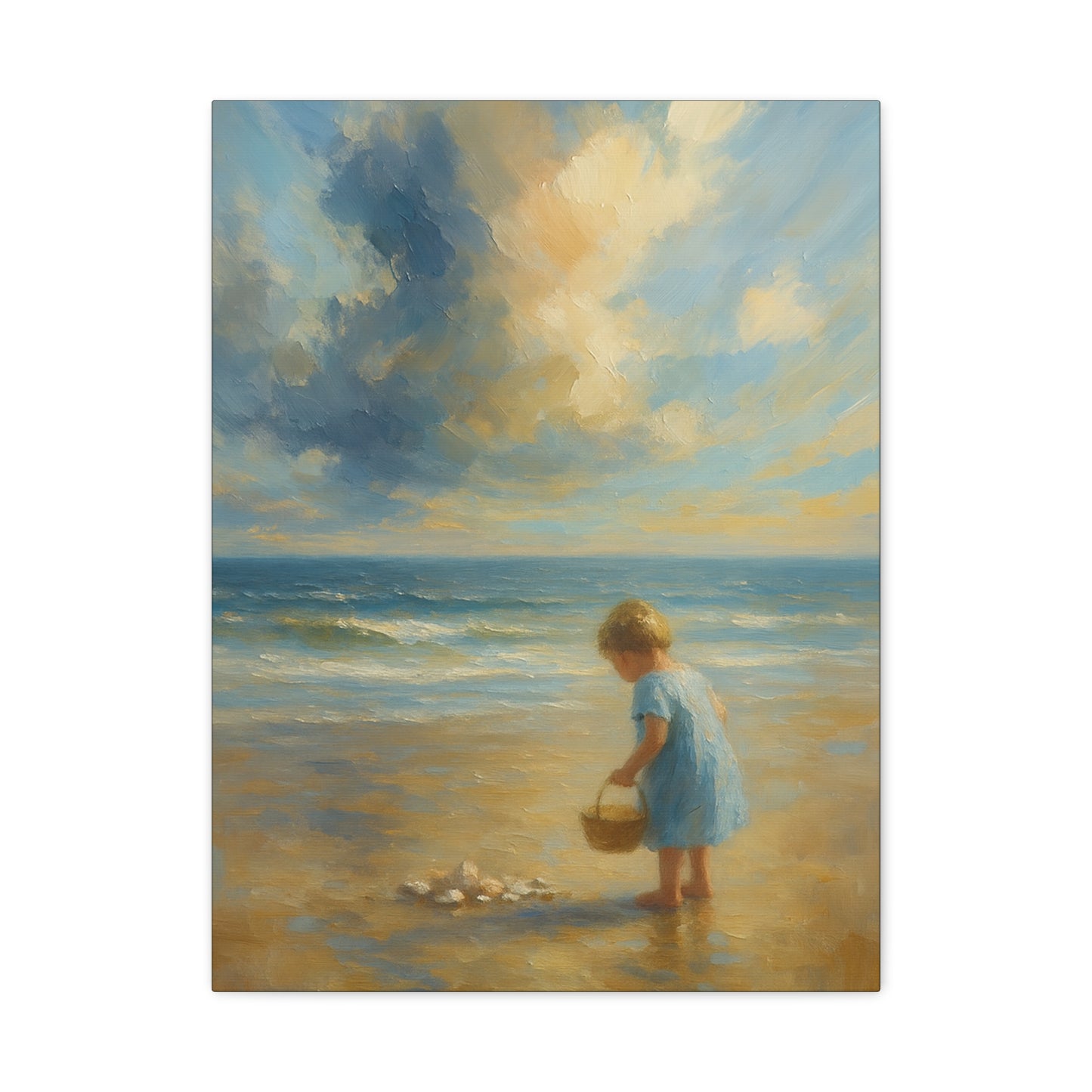 Arte en Lienzo Infancia Marina — Niña Recogiendo Conchas Pintura de Playa