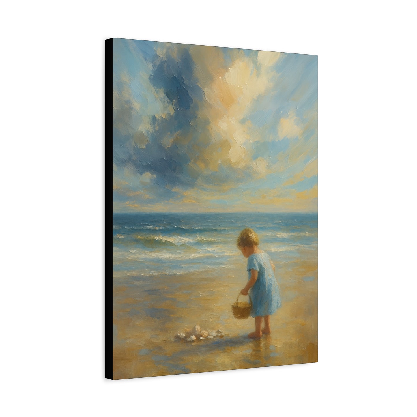 Arte en Lienzo Infancia Marina — Niña Recogiendo Conchas Pintura de Playa