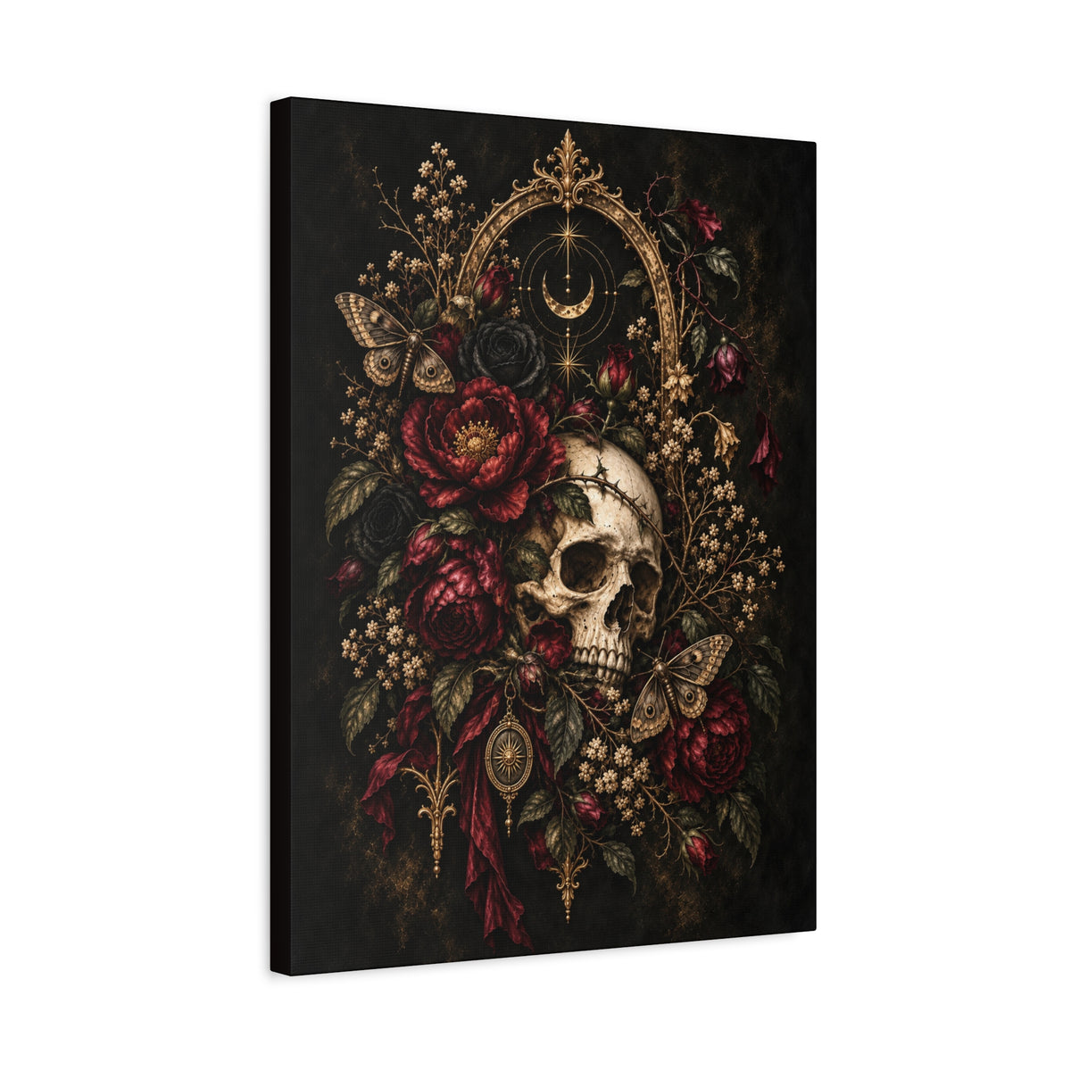 Skull & Roses Gothic Canvas Wall Art —Eclipsed Moon- Matte Stretched 1.25"