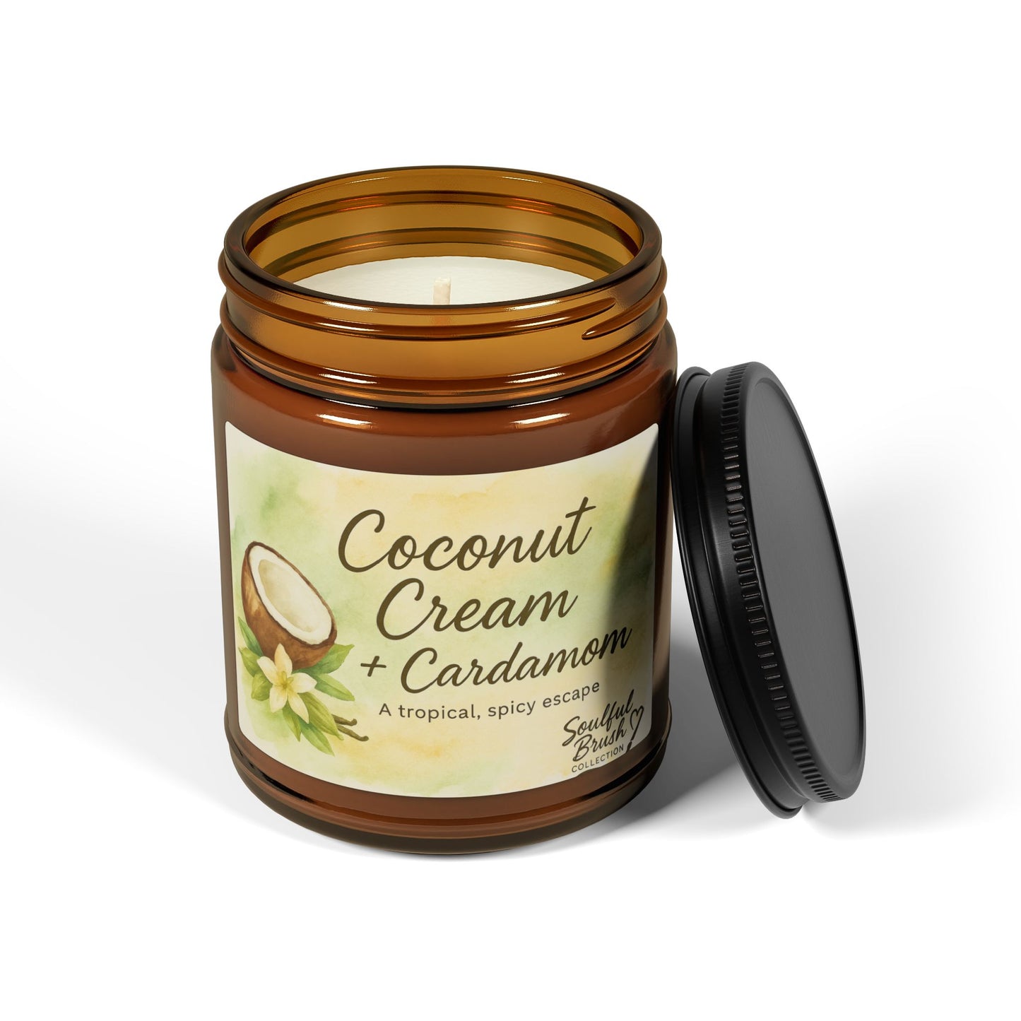 Vela de Soja de Crema de Coco y Cardamomo — Frasco Ámbar (Varios Tamaños)