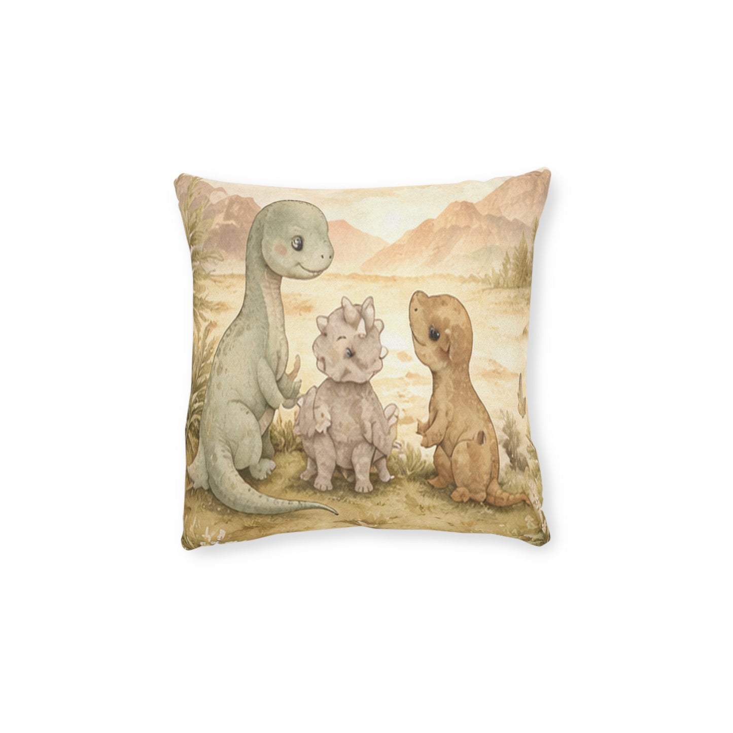 Cute Dino Nursery Square Pillow — Watercolor Baby Dinosaur Trio Decorative Throw Pillow