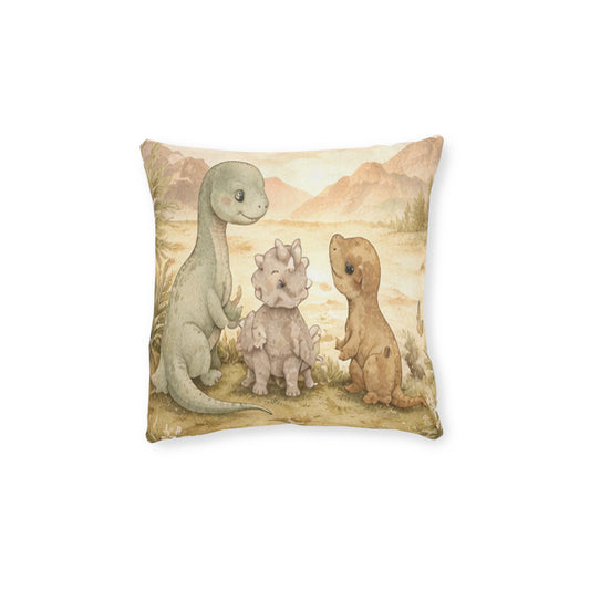 Cute Dino Nursery Square Pillow — Watercolor Baby Dinosaur Trio Decorative Throw Pillow
