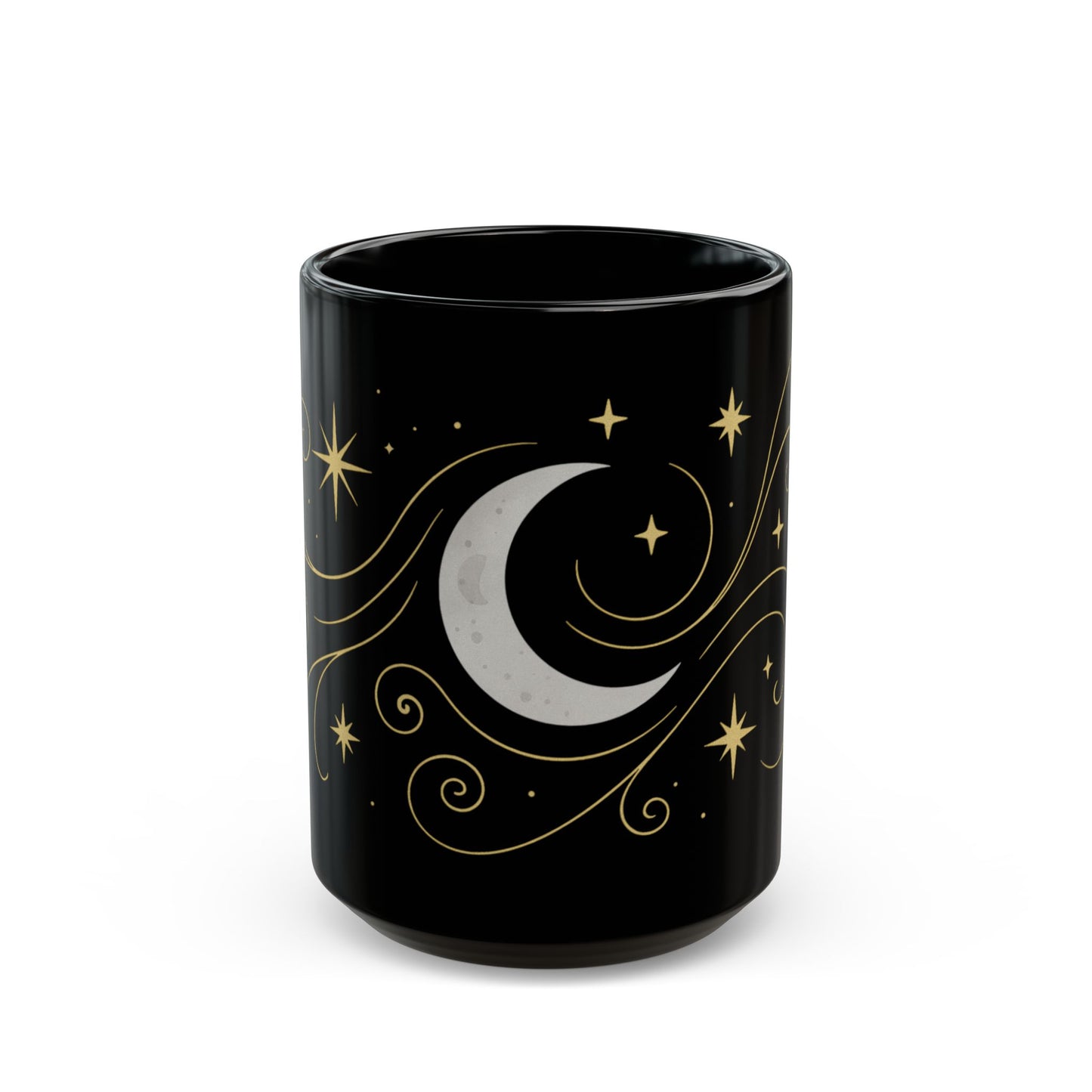 Astrology Sun & Stars Black Mug — Gold Celestial Coffee Cup (11oz/15oz)