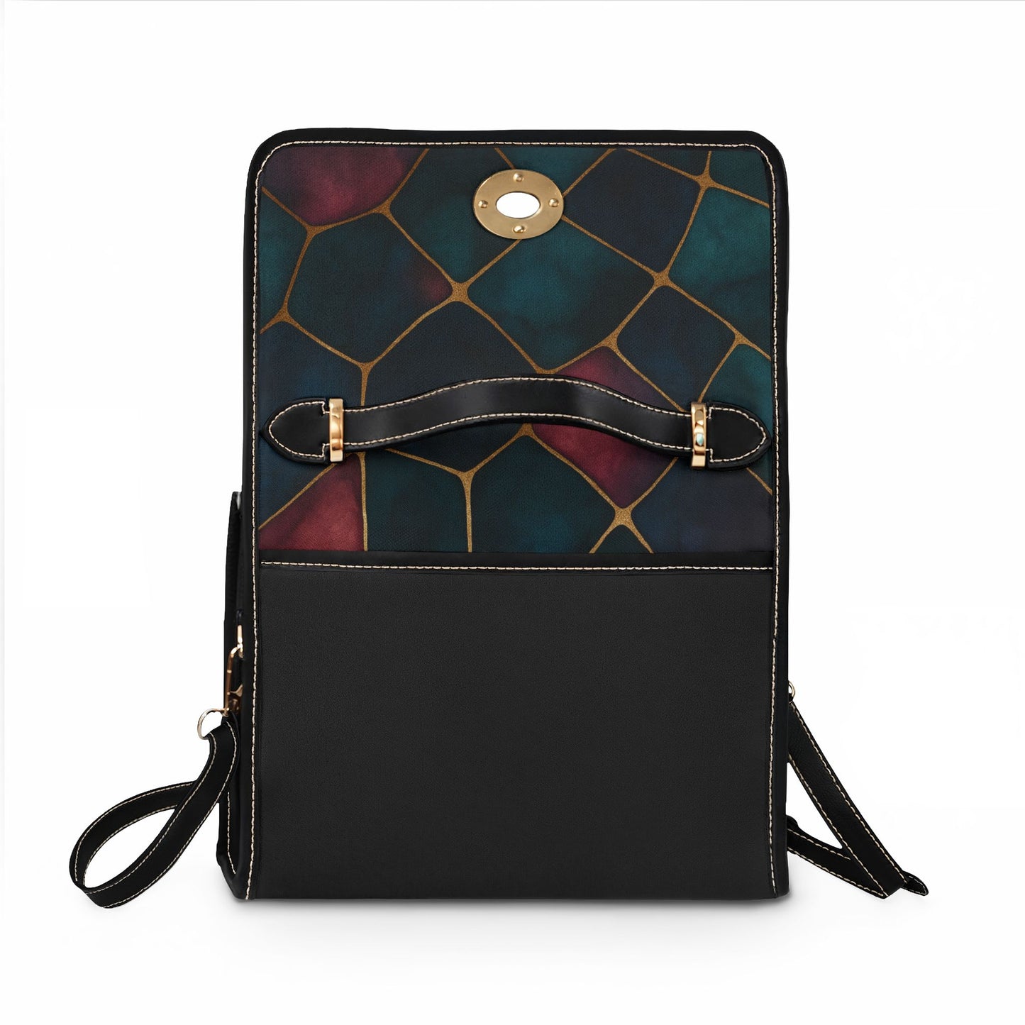 Jada waterproof canvas satchel back view – structured black waterproof canvas with removable adjustable shoulder strap by the Soulful Brush
