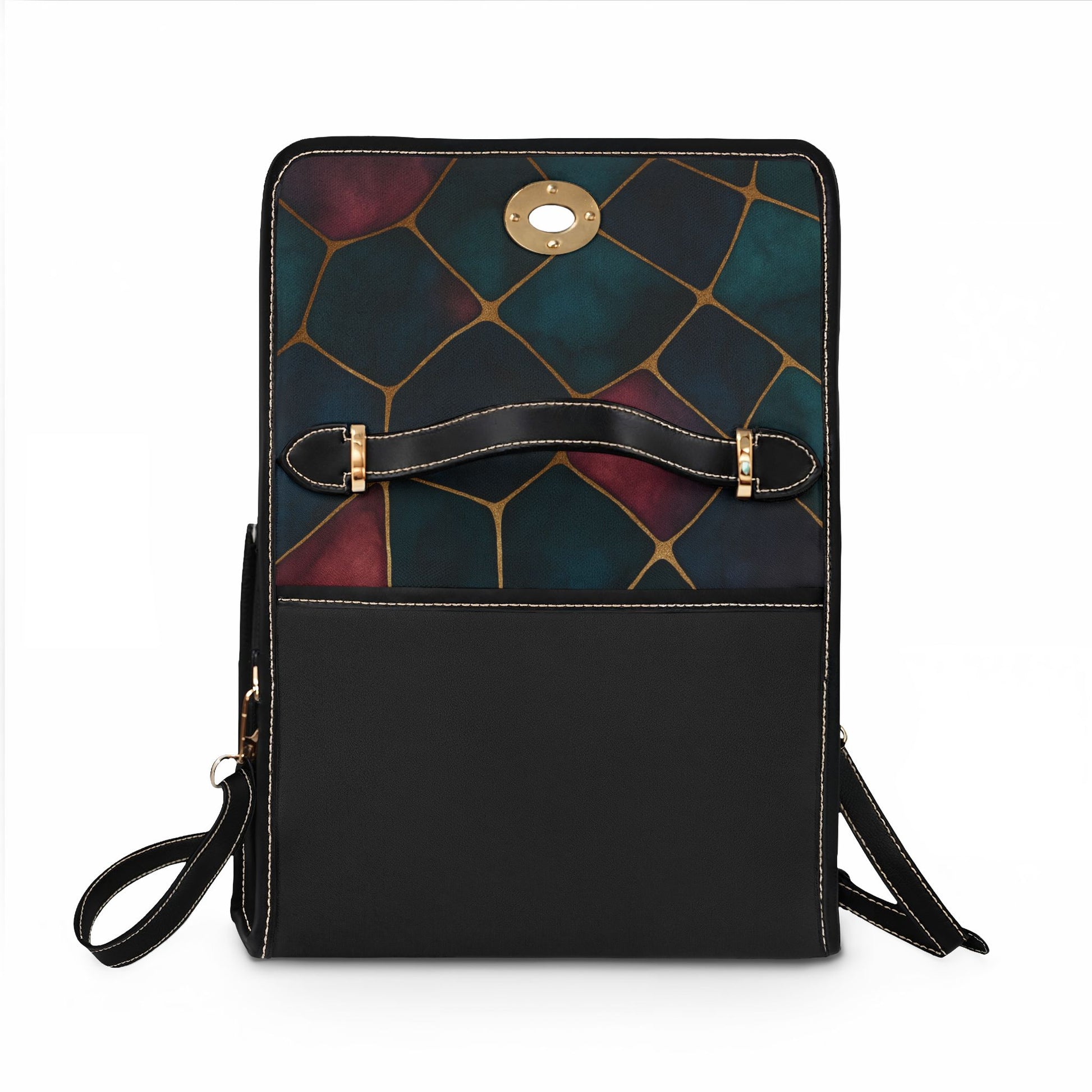 Jada waterproof canvas satchel back view – structured black waterproof canvas with removable adjustable shoulder strap by the Soulful Brush
