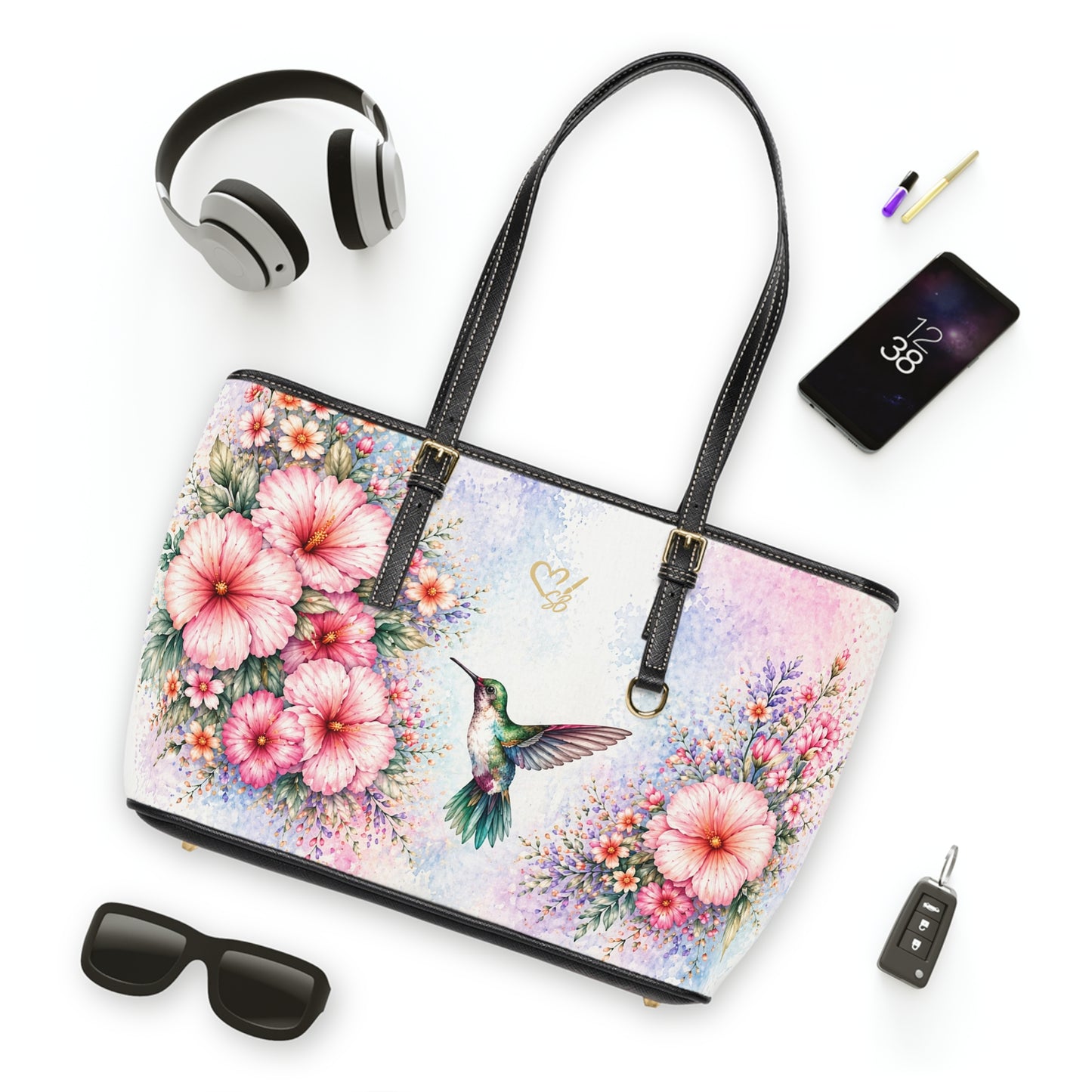 Lila Artisan Luxe PU leather shoulder bag 17x11 flat lay – watercolor floral hummingbird print everyday shoulder bag by the Soulful Brush

